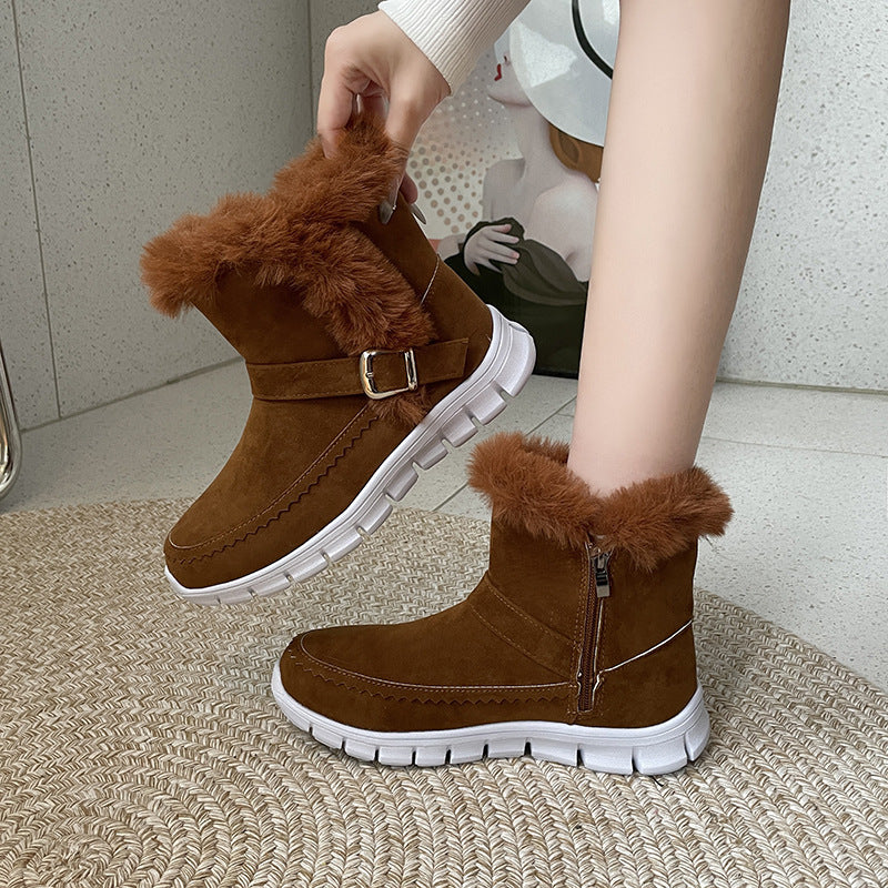 New Snow Boots - Winter Warm Thickened Solid Color Plush Ankle Boots With Buckle Design Plus Velvet Flat Shoes For Women