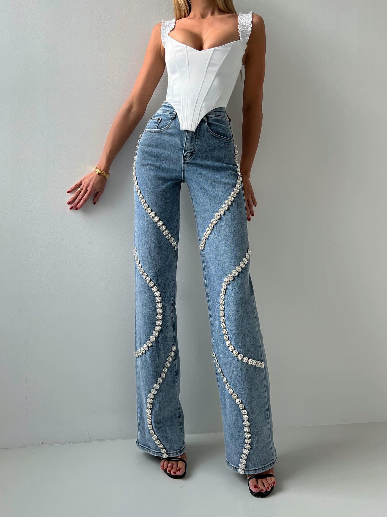 Fashionable Loose High Wait Straight Leg Jeans With A Rhine Stone - Casual Pants Denim Design For Women