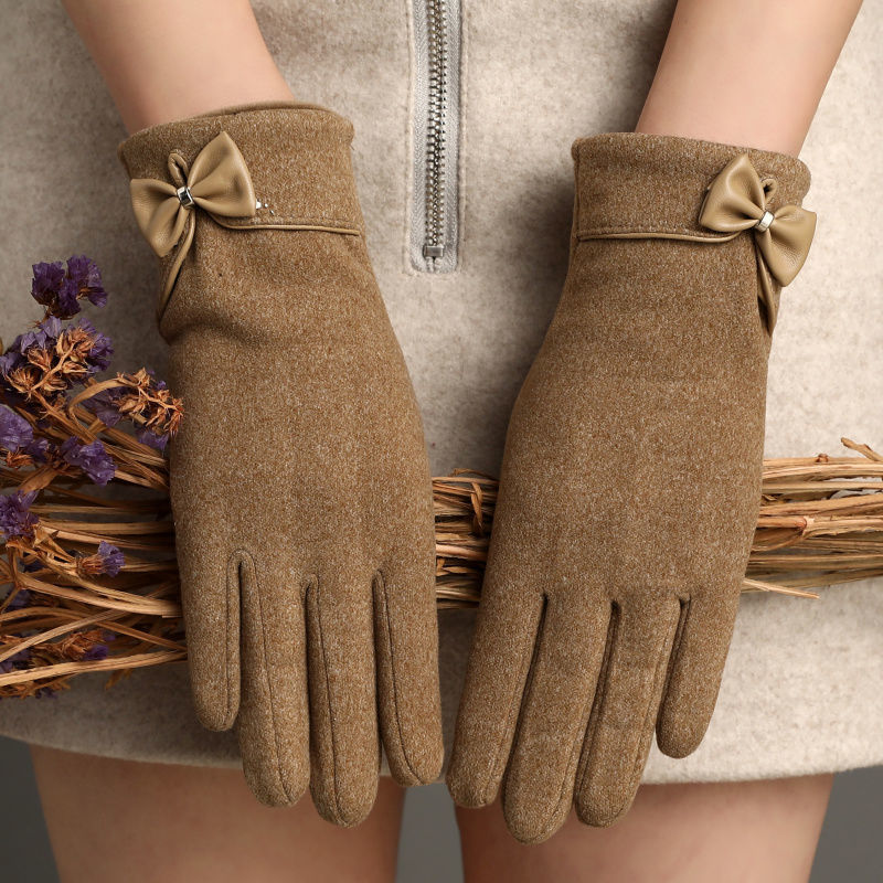 Fleece-Lined De Suede Bow Gloves - Touch Screen Warm Outdoor All-matching