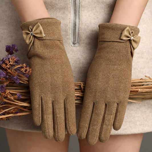 Fleece-Lined De Suede Bow Gloves - Touch Screen Warm Outdoor All-matching