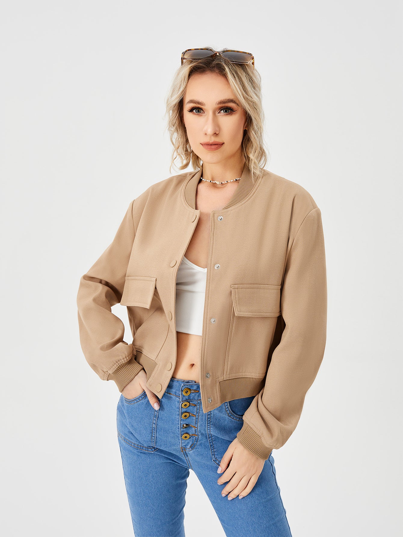 Lightweight Cropped Bomber Jacket - Casual Long Sleeve Varsity Jacket With Pocket Fashion Y2k Jacket Streetwear