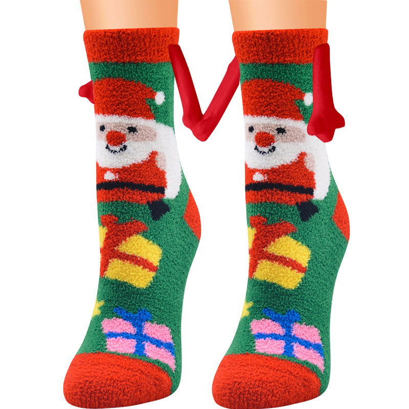 Christmas Supplies Magnetic Suction Hand In Hand Couple Socks - Coral Fleece Tube Socks Warm Slipper Bed Socks Winter Soft Warm Slipper