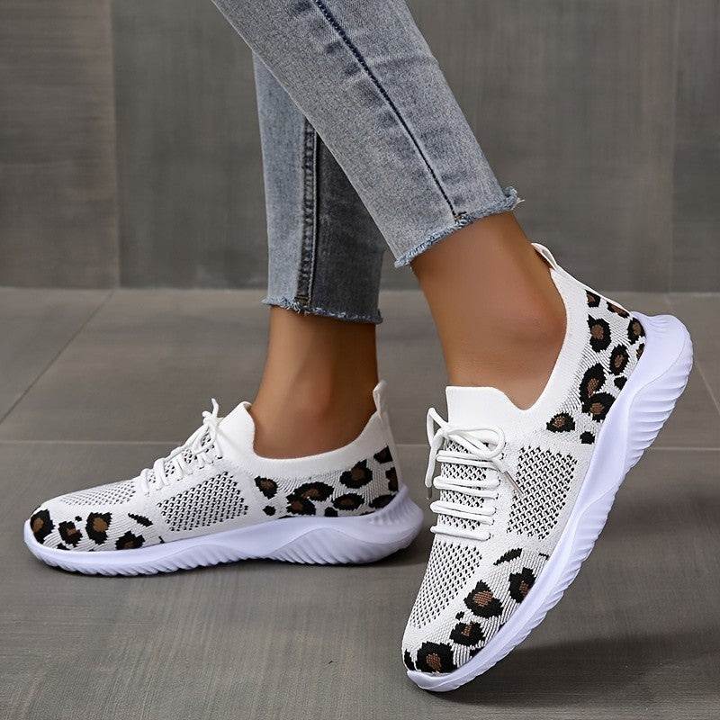 White Shoes - Women Leopard Print Lace-up Sneakers