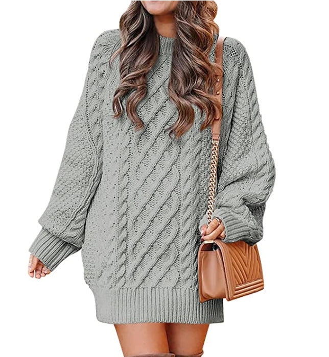 Women Round Neck Long Sleeve Twisted Knitted Sweater - Mid-length Dress Sweater