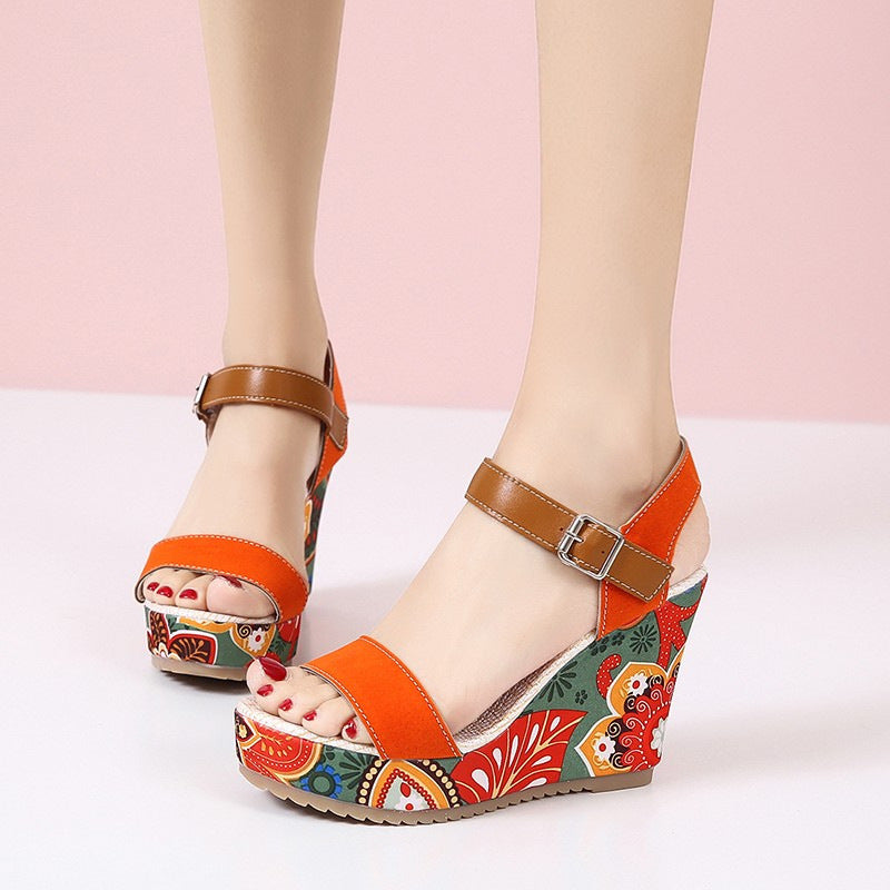 Fashion Flowers Embroidered High Wedge Sandals For Women - Summer Toe Platform Buckle Shoes