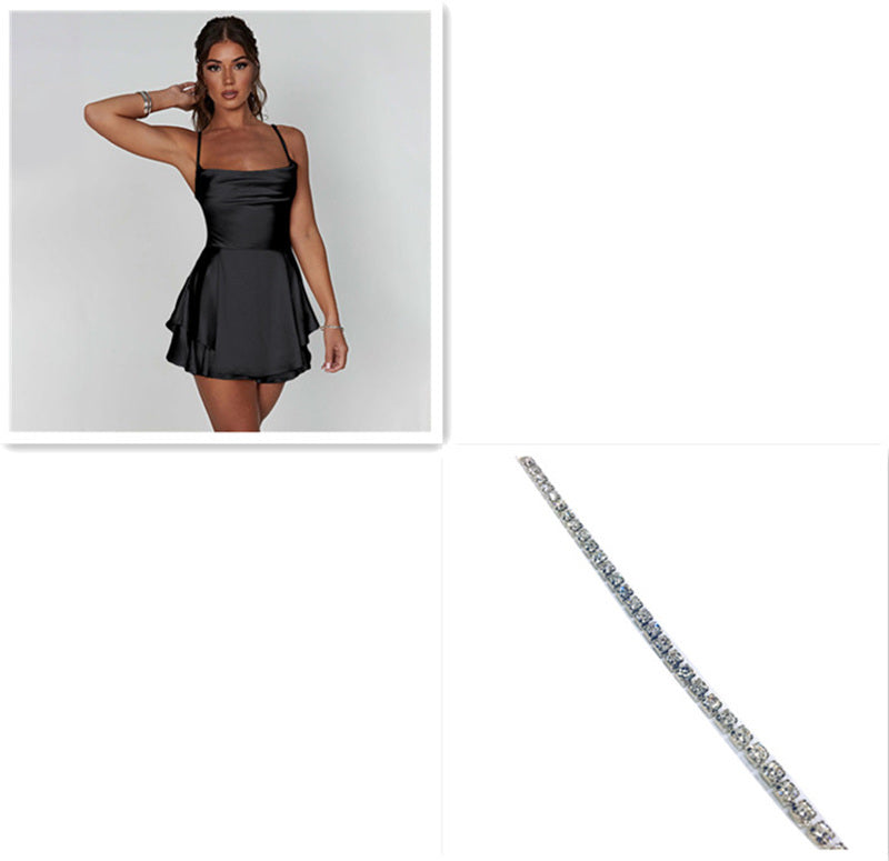 Elegant Suspender Slim Strap Satin Backless Lace Up A-Line Short Dress Lady
