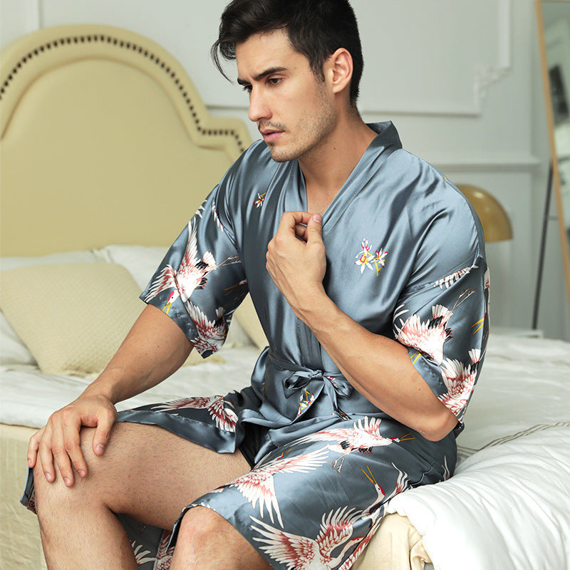 Mid-length Printed Artificial Silk Nightgown - Men's Groom Best Man Morning Gowns Sexy Pajamas