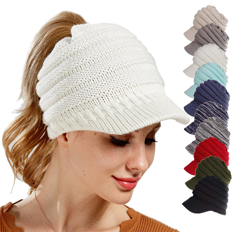 Women Ponytail Beanies - Autumn Winter Hats Female Soft Knitting Caps Warm Ladies Skullies