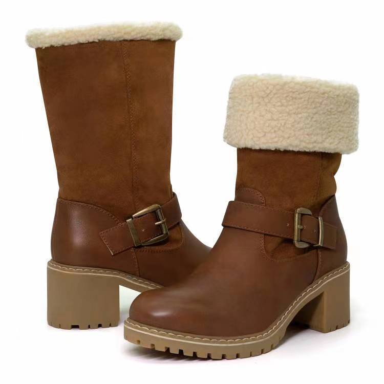 Fashion Boots With Buckle - Chunky Heel Shoes Warm Winter Round Toe Western Boots For Women