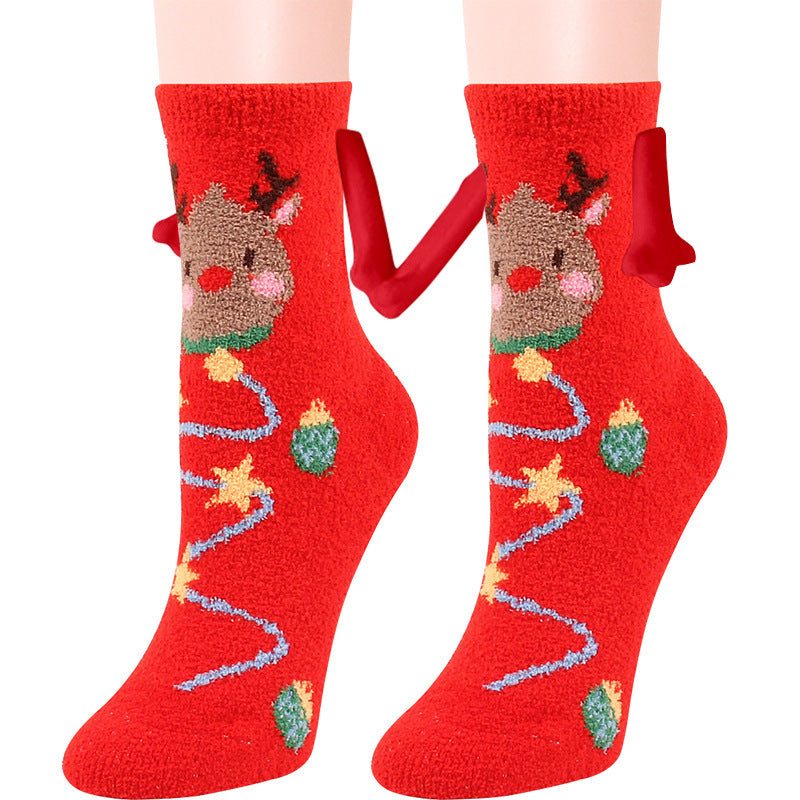 Christmas Supplies Magnetic Suction Hand In Hand Couple Socks - Coral Fleece Tube Socks Warm Slipper Bed Socks Winter Soft Warm Slipper