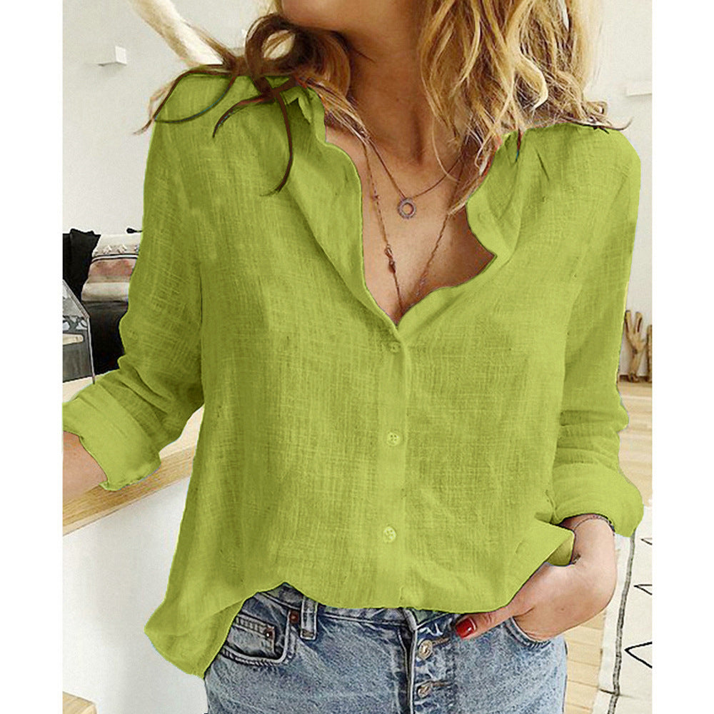 Loose Button Lapel Cardigan Top - Long Sleeve Shirt Women Blouses