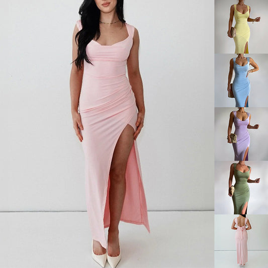 Slim Sleeveless Slit Dress With Back Tie Design - Fashion Dresses For Women Clothing