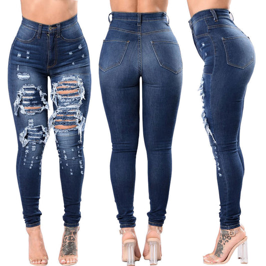Women's Ripped Denim - Washed Denim Pants