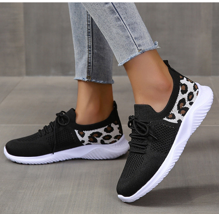 White Shoes - Women Leopard Print Lace-up Sneakers