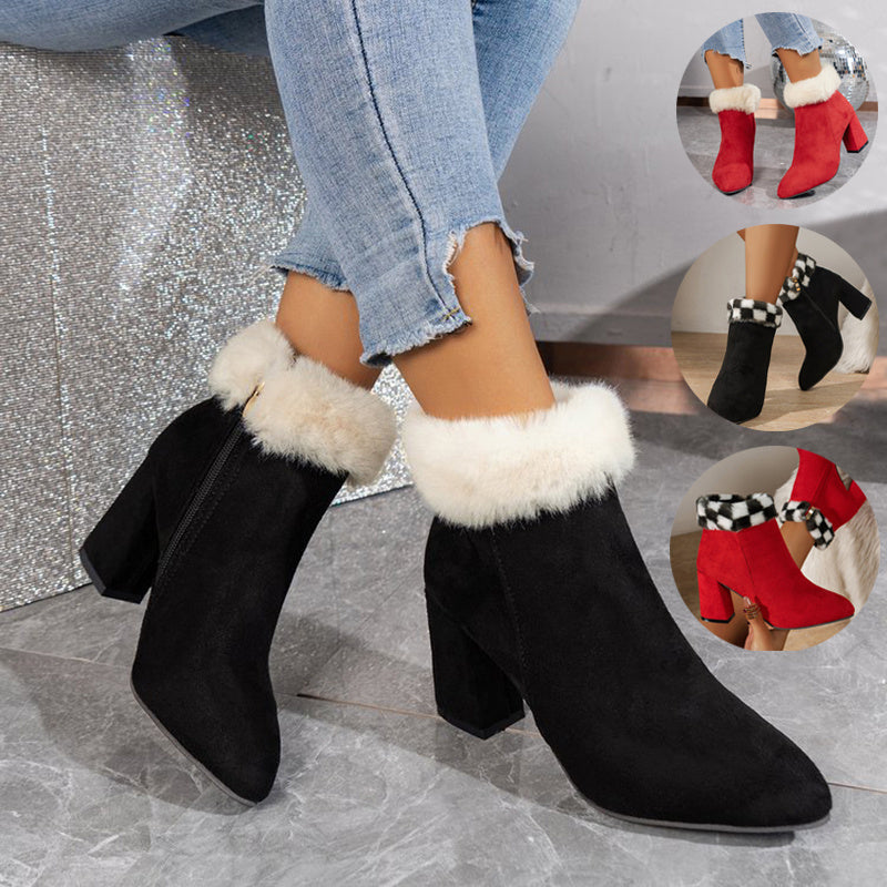 New Plaid Print Plush Ankle Boots - Winter Fashion Square Heel Suede Boots Women Casual Versatile Shoes Autumn And Winter