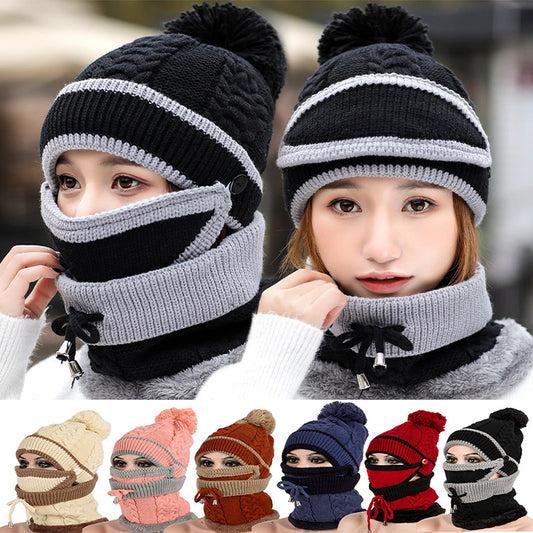 Winter Women 3pcs Knitted Beanie Hat - Scarf Set Warm Hat