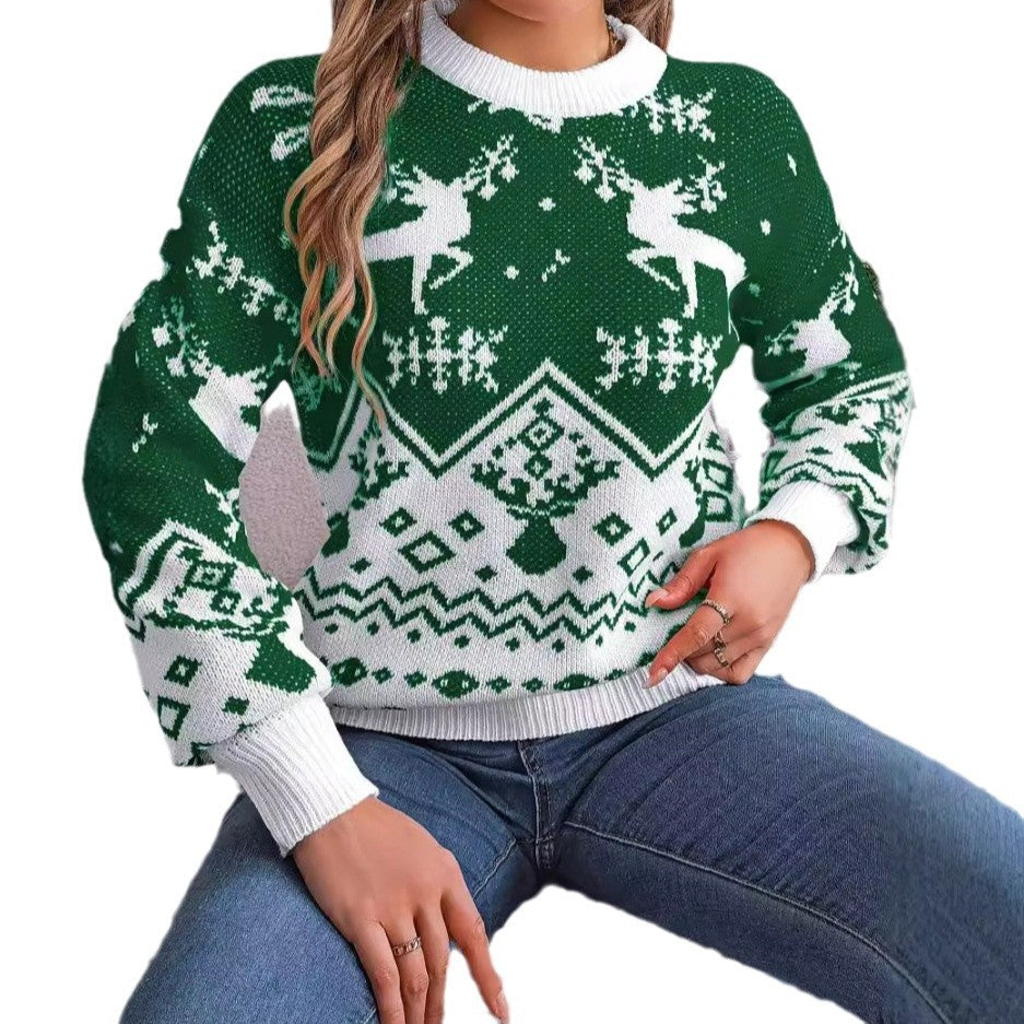 Autumn Winter Casual Deer Pattern Long Sleeve Sweater - Christmas Knitted Pullover Sweatertops