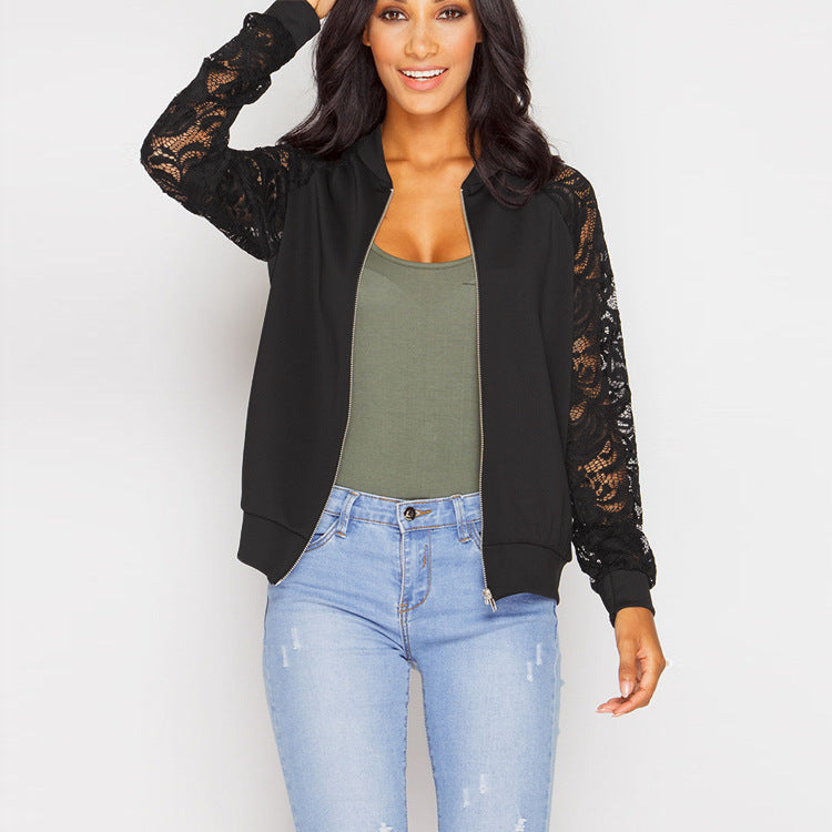 Women Bomber Jacket With Lace Sleeves