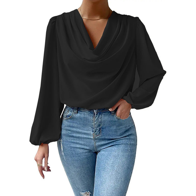 Chiffon Long Sleeved Shirt - Loose V-neck Top T-shirt Women's Clothing