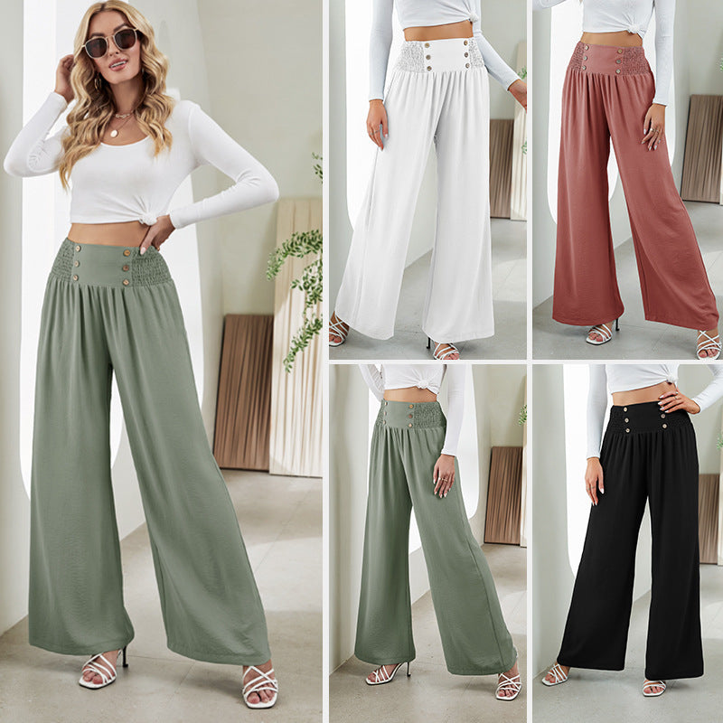 Elastic High Waist Wide Leg Pants - Casual Trousers For Women