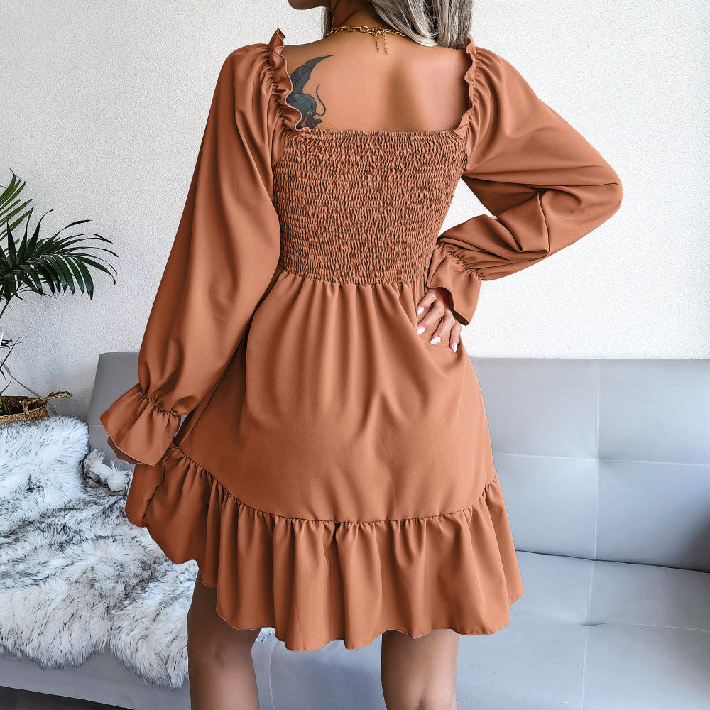 Flared Long Sleeve Dresses - Women Square Neck Ruffled Swing Dress