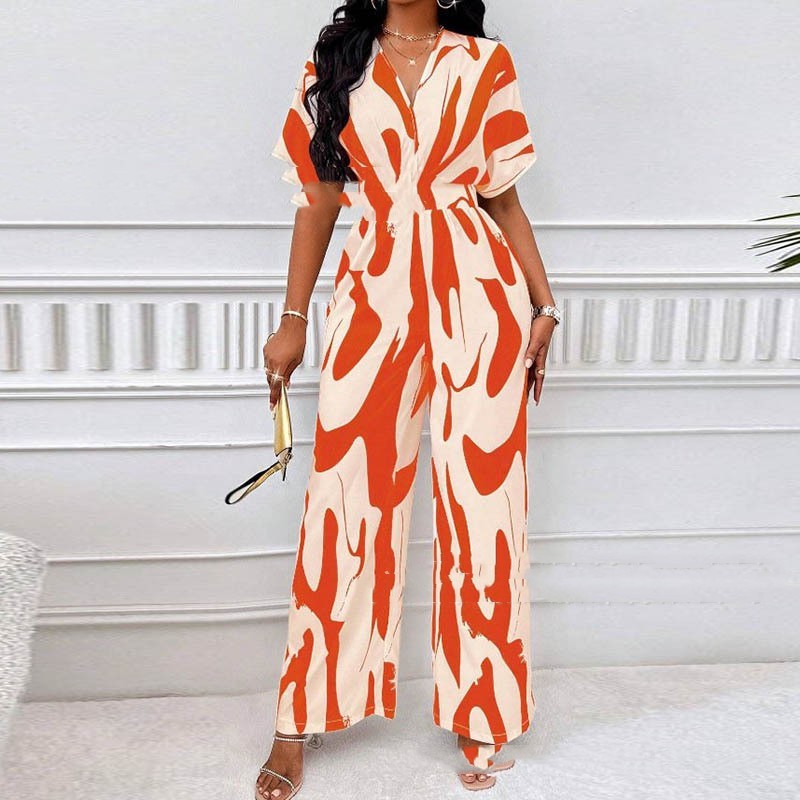 V-neck Loose Printed Long Jumpsuit - JumoShop