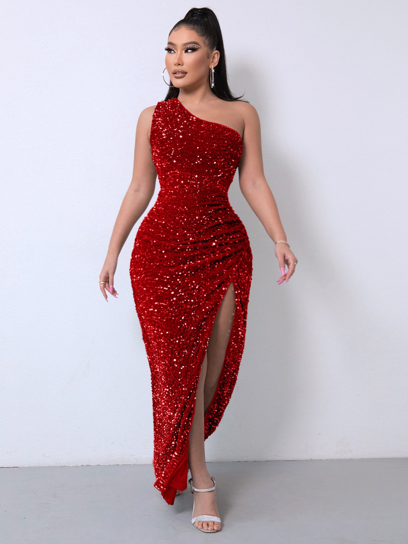 Sleeveless One Shoulder Slash Neck Sequins Gorgeous Slit Women's Dress