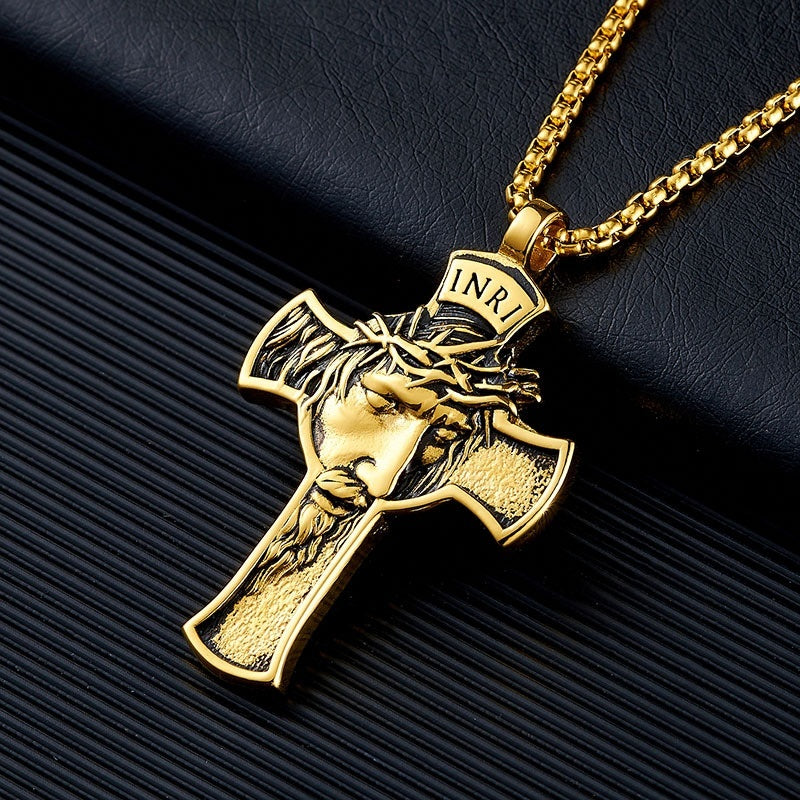 Stainless Steel Cross Shelf Head Pendant Necklace - Personality Retro Men