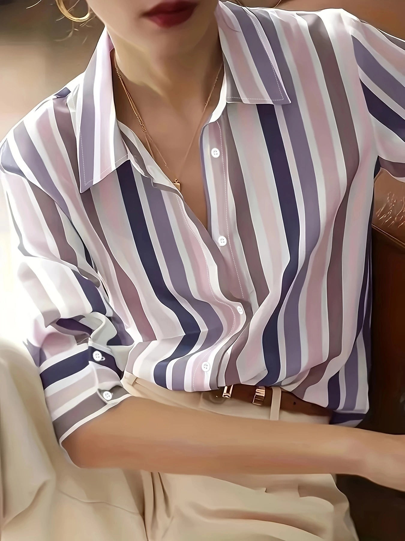 Ladies' Long-sleeved Striped Printed Versatile Casual Shirt
