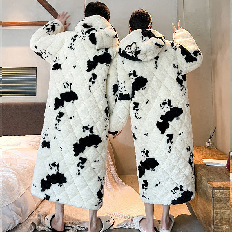 Men's Winter Quilted Cow Pajamas - Thick Coral Fleece Bathrobe Homewear Nightgown