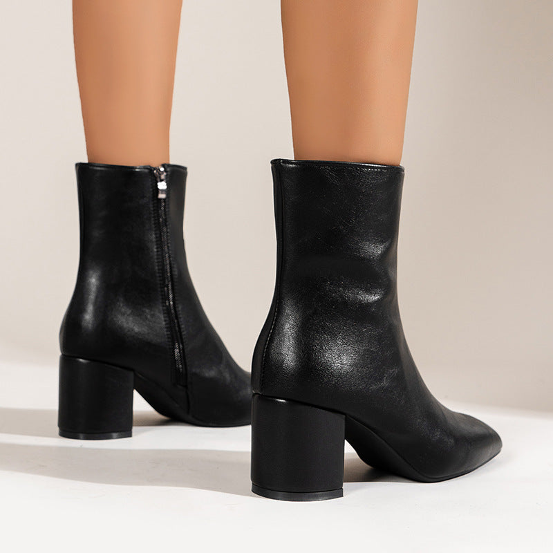 Chunky Heel Pointed Toe Boots With Side Zipper