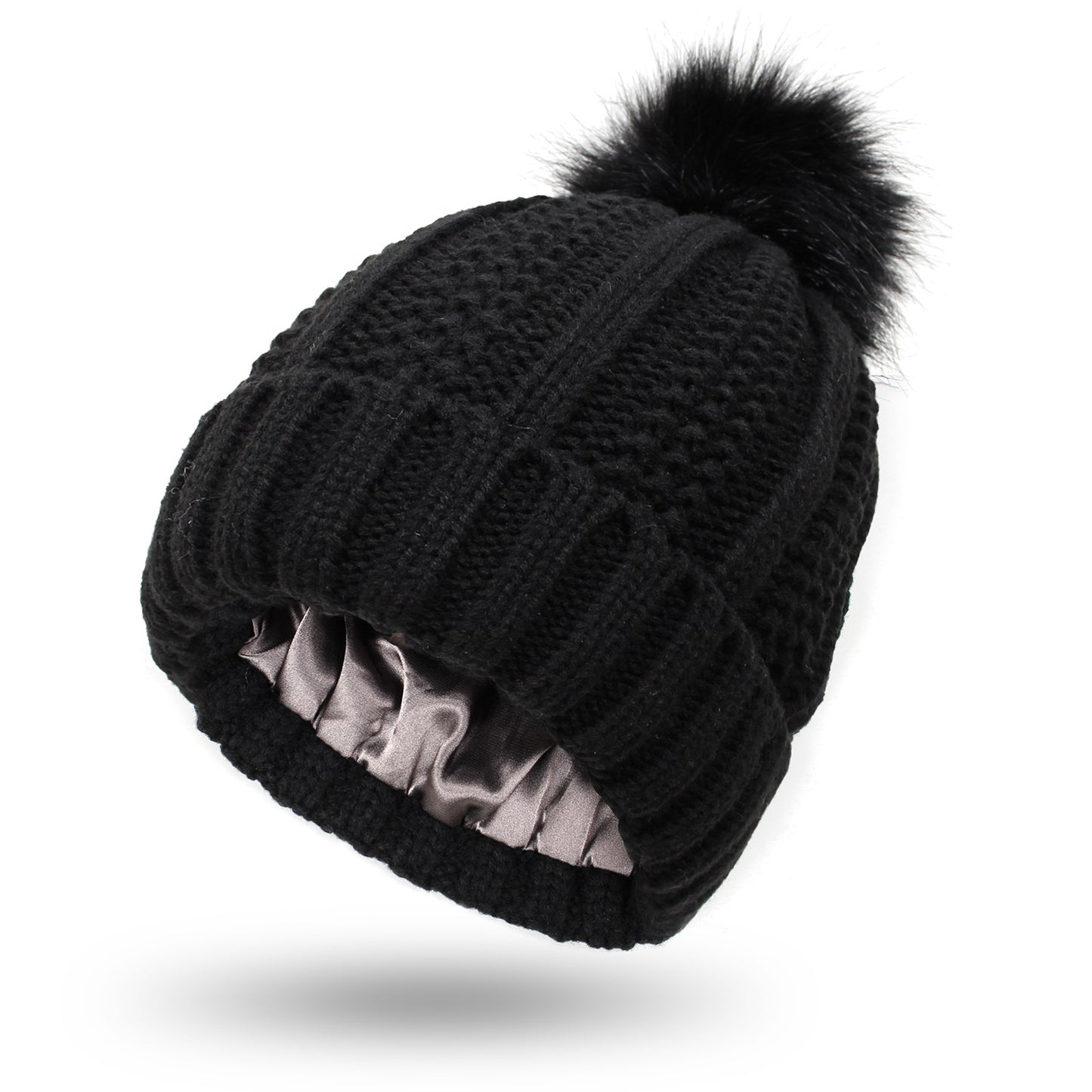 Fashion Stretchy Satin Lined Skull Knit Hats Beanie Hat - For Women Faux Fur Pom Pom Hat Beanie Hat