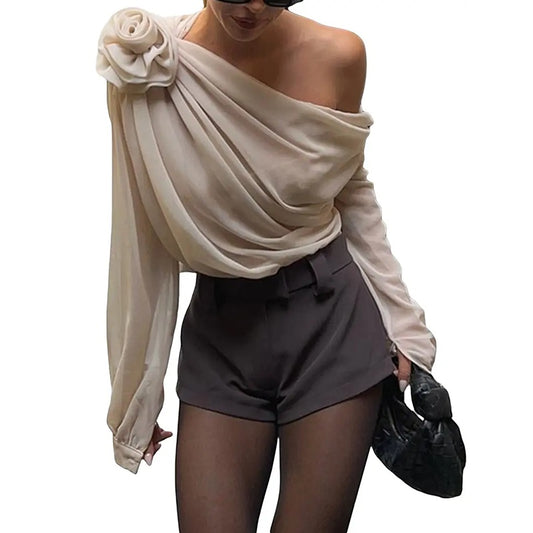 Women's Off Shoulder Tops - Elegant Long Sleeve Asymmetrical Neck Ruched Chiffon Blouse Shirts Going Out Top Y2k Shirts