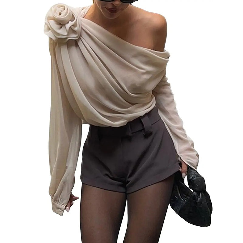 Women's Off Shoulder Tops - Elegant Long Sleeve Asymmetrical Neck Ruched Chiffon Blouse Shirts Going Out Top Y2k Shirts