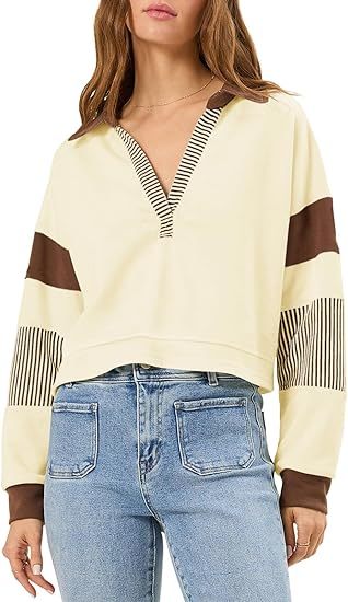 Fashionable Women's Long Sleeve Crop Tops - V Neck Color Block Casual Loose Pullover Cropped Sweatshirt