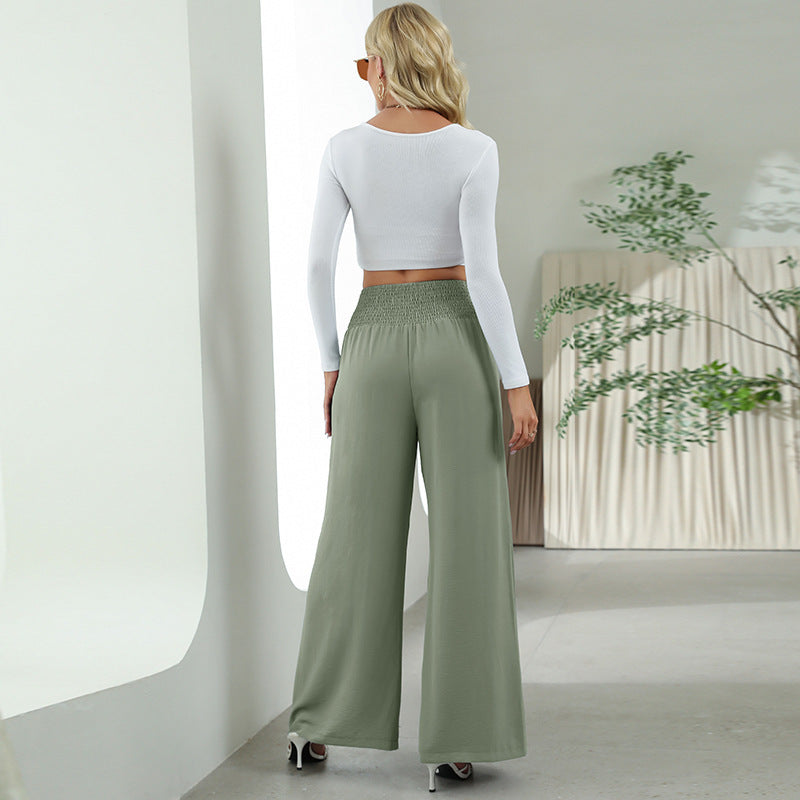 Elastic High Waist Wide Leg Pants - Casual Trousers For Women
