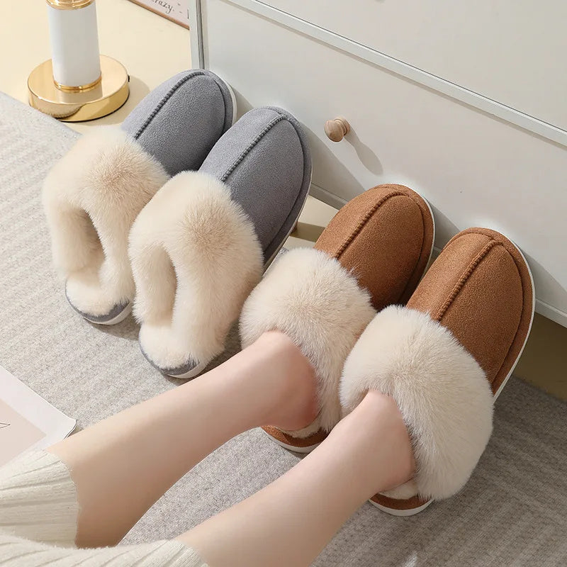 Winter Warm Plush Home Slippers - Indoor Fur Slippers, Women Soft Lined Cotton Shoes