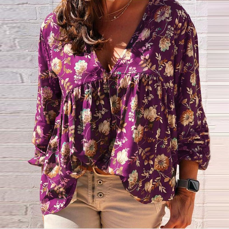 Floral V-neck Long Sleeved Blouse