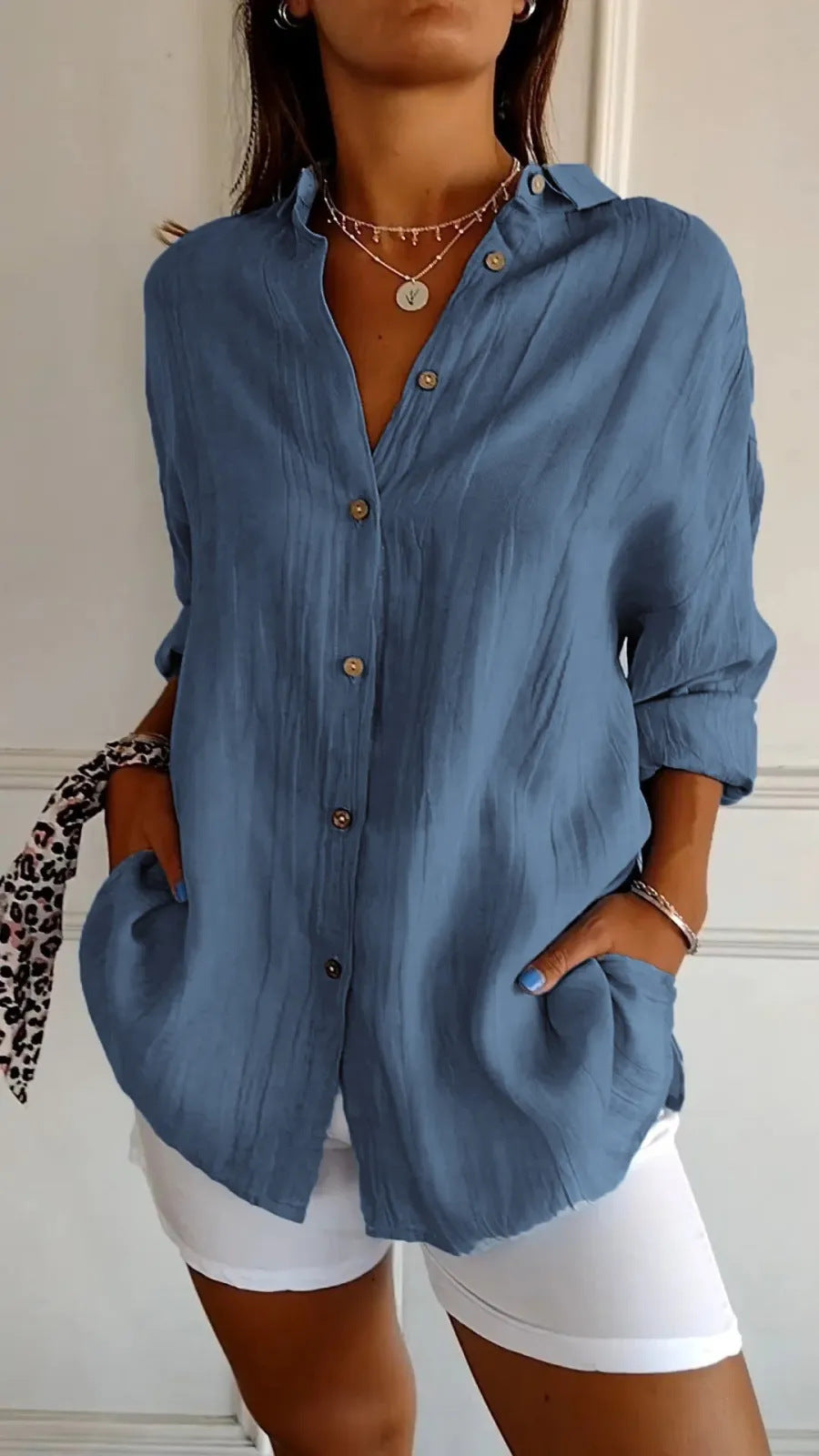 Lapel Long Sleeve Shirt - Women's Single-breasted Pleated Shirt