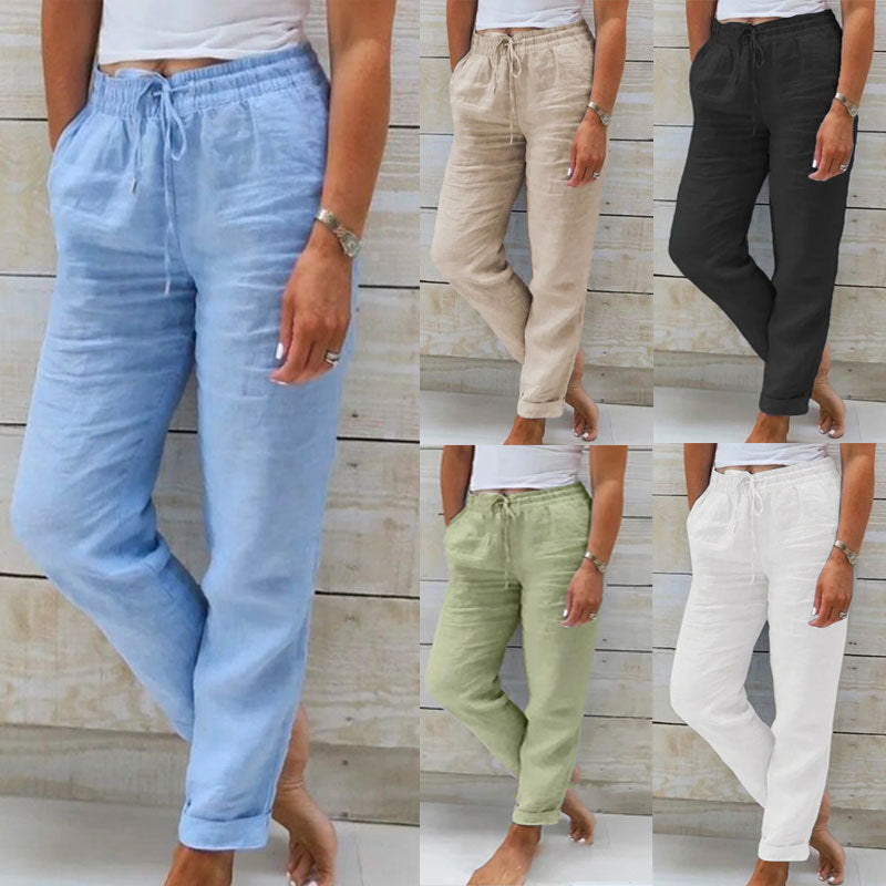 Cotton And Linen Women's High Waist Elastic Pant - Waist Solid Color Cotton And Linen Casual Pants