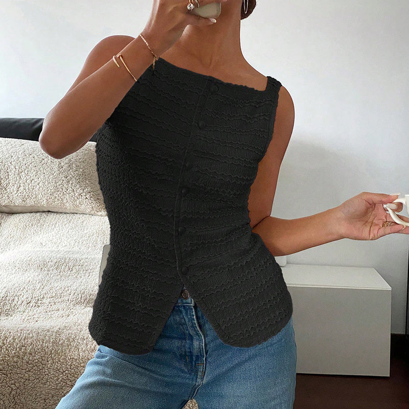 Fashionable Square Neck Button Blouse - Womens Trendy Square Neck Button Up Vest Top Y2k Going Out Tank Tops