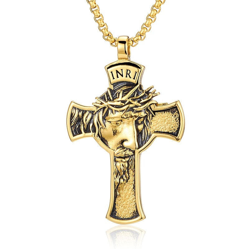 Stainless Steel Cross Shelf Head Pendant Necklace - Personality Retro Men