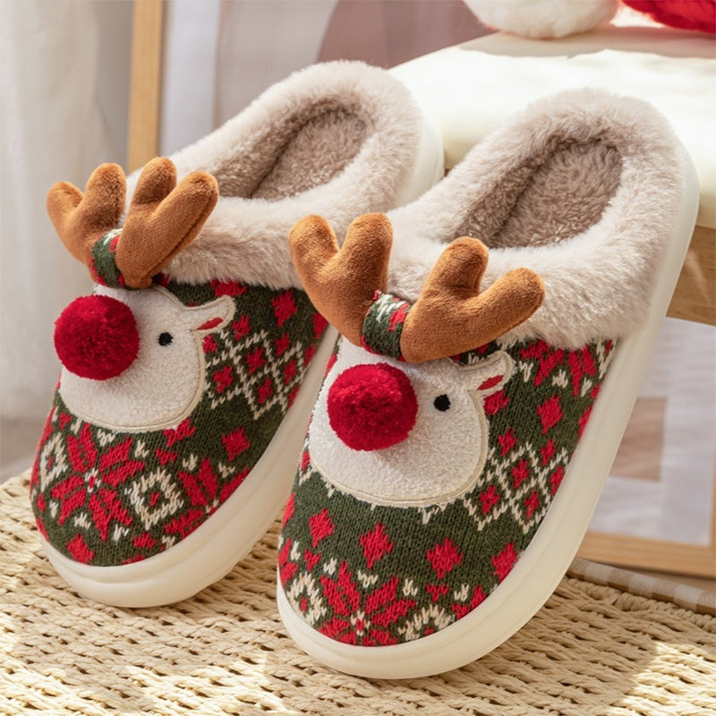 Cute Christmas Elk Plush Slippers - Winter Ins Fashion Non-slip Floor Bedroom Home Slippers For Women