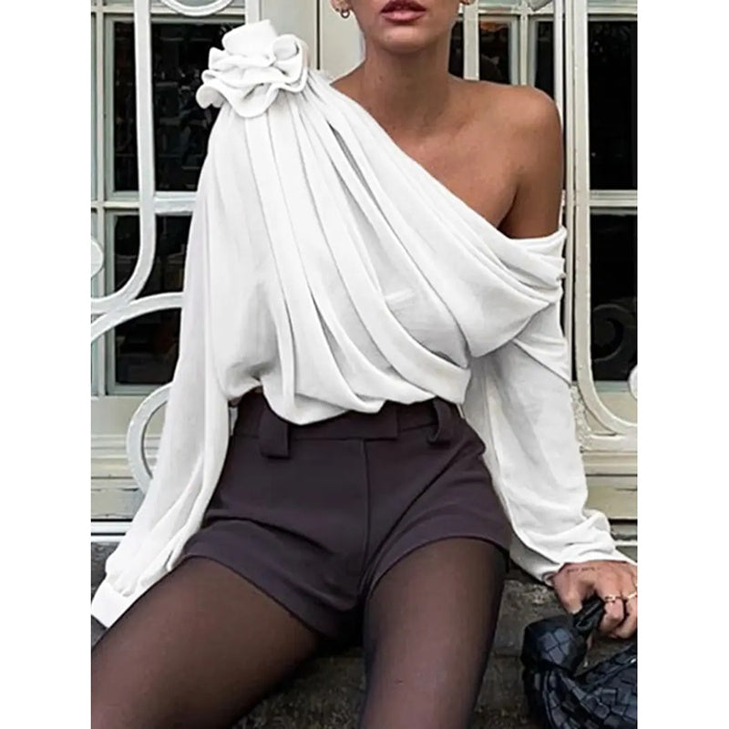 Women's Off Shoulder Tops - Elegant Long Sleeve Asymmetrical Neck Ruched Chiffon Blouse Shirts Going Out Top Y2k Shirts