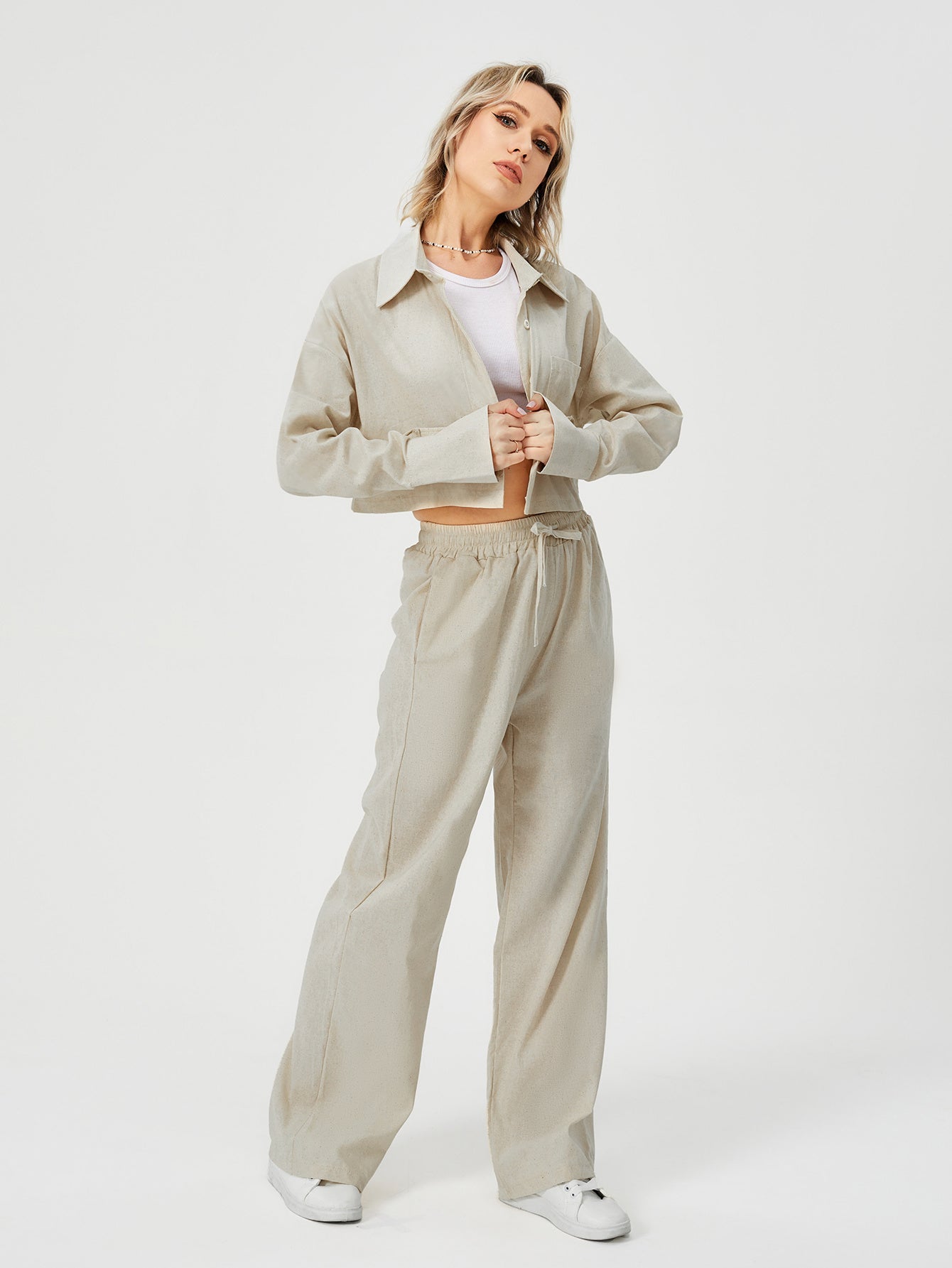 Women Two Piece Loungewear - Women Long Sleeve Button Down Wide Leg Pajama Set