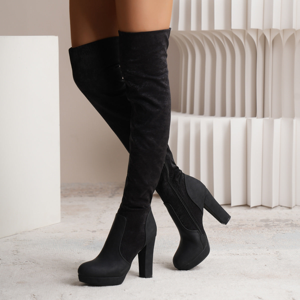 Long Boots For Women - Elastic Suede High Square Heel Over-the-knee Boots Fashion Party Shoes Winter