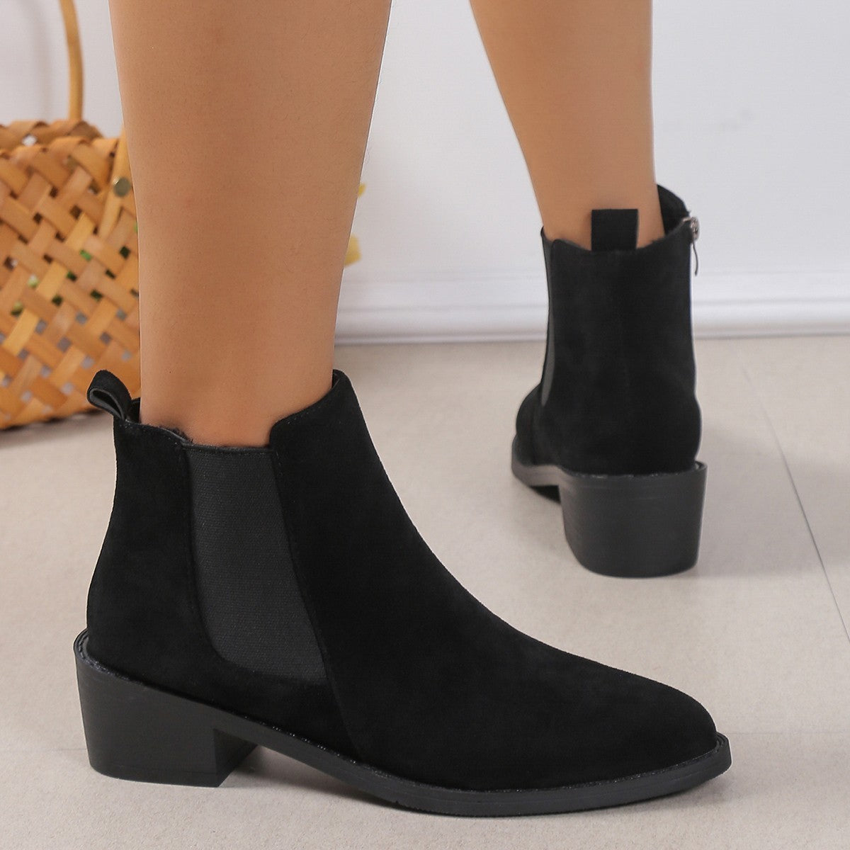 Women's Fashion Ankle Boots With Side Zipper - Chunky Heel Boots Slip On Comfortable Solid Color Shoes