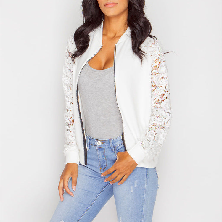 Women Bomber Jacket With Lace Sleeves
