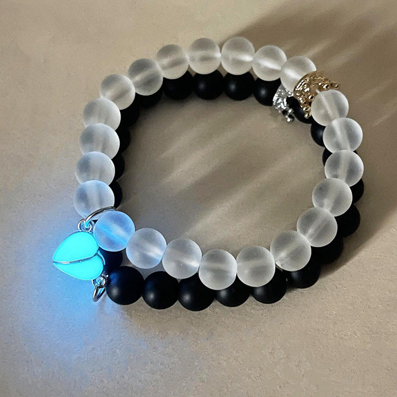2pcs Handmade Crown Beaded Charms Bracelet - Luminous Heart Glow In The Dark Couple Bracelet For Lover Men Women Fluorescent Gift