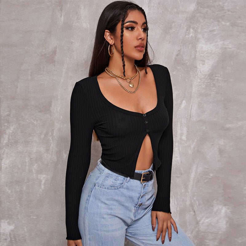 Long Sleeved Crop Cardigan Top - Sexy Button Knit T-shirt